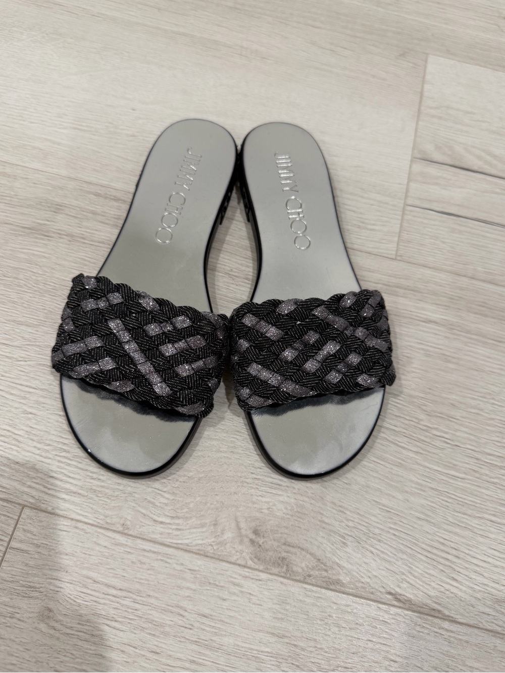 Jimmy Choo Black Braided Slide Sandals with Metallic Accent